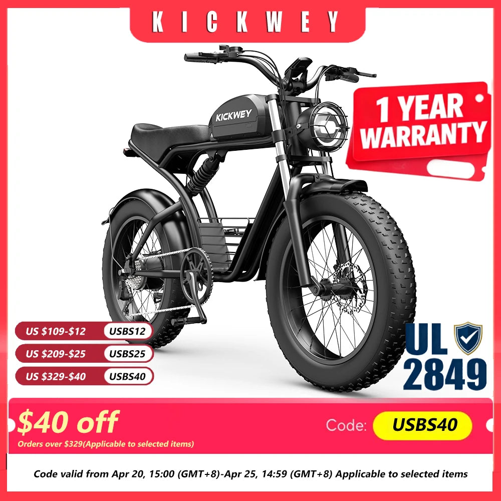 Kickwey K7 Electric Bike – 1500W Motor, 48V 23Ah Battery, 20” Fat Tire E-Bike, Up to 50km/h, Long Range Electric Mountain Bicycle