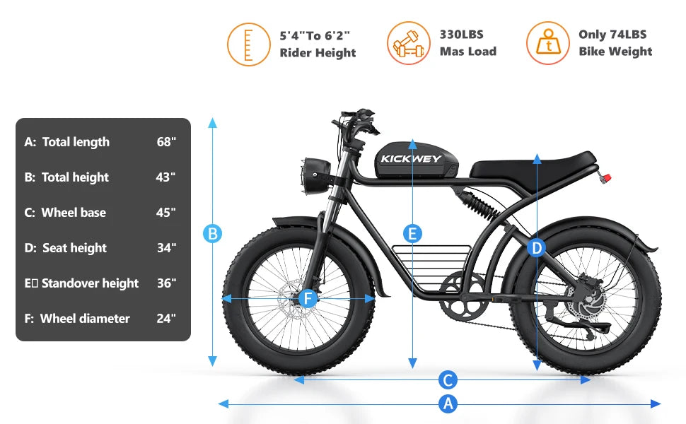 Kickwey K7 Electric Bike – 1500W Motor, 48V 23Ah Battery, 20” Fat Tire E-Bike, Up to 50km/h, Long Range Electric Mountain Bicycle