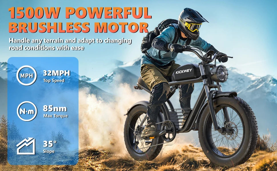Kickwey K7 Electric Bike – 1500W Motor, 48V 23Ah Battery, 20” Fat Tire E-Bike, Up to 50km/h, Long Range Electric Mountain Bicycle