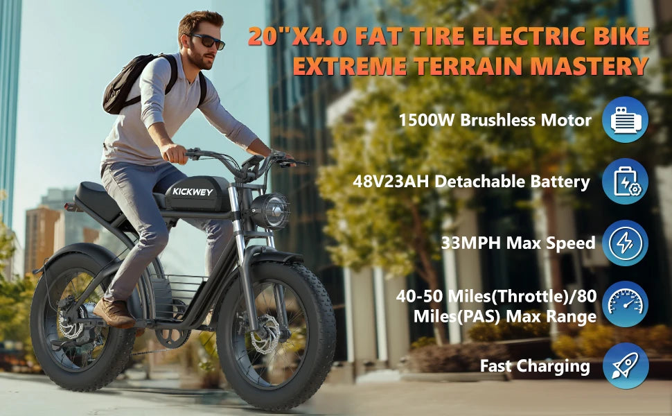 Kickwey K7 Electric Bike – 1500W Motor, 48V 23Ah Battery, 20” Fat Tire E-Bike, Up to 50km/h, Long Range Electric Mountain Bicycle