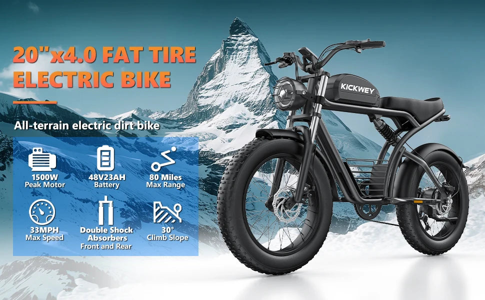 Kickwey K7 Electric Bike – 1500W Motor, 48V 23Ah Battery, 20” Fat Tire E-Bike, Up to 50km/h, Long Range Electric Mountain Bicycle